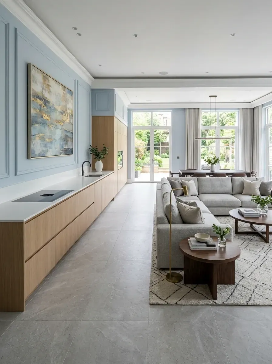 Open-plan space with an extra-long low-profile rift-sawn oak base cabinet run with white quartz top resembling a credenza, separate full-height appliance and pantry block at one end, integrated induction hob with downdraft vent, powder blue paneled accent wall, and large light grey sectional sofa