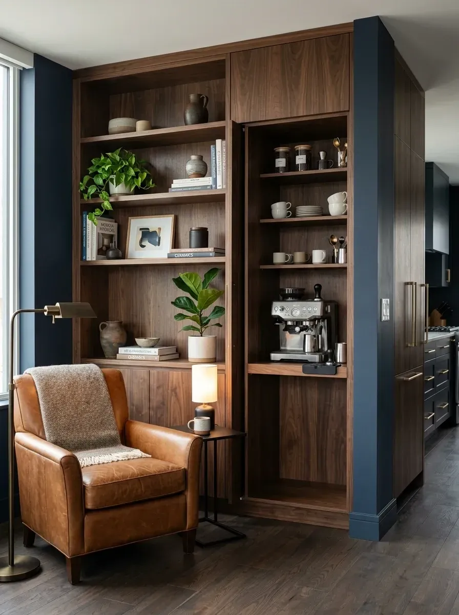Cozy library nook with custom rich walnut shelving unit hiding a coffee bar with espresso machine and grinder behind a tall pocket door, deep navy blue accent wall, tan cognac leather armchair, brass pharmacy floor lamp, and curated decorative ceramics and books on the shelves