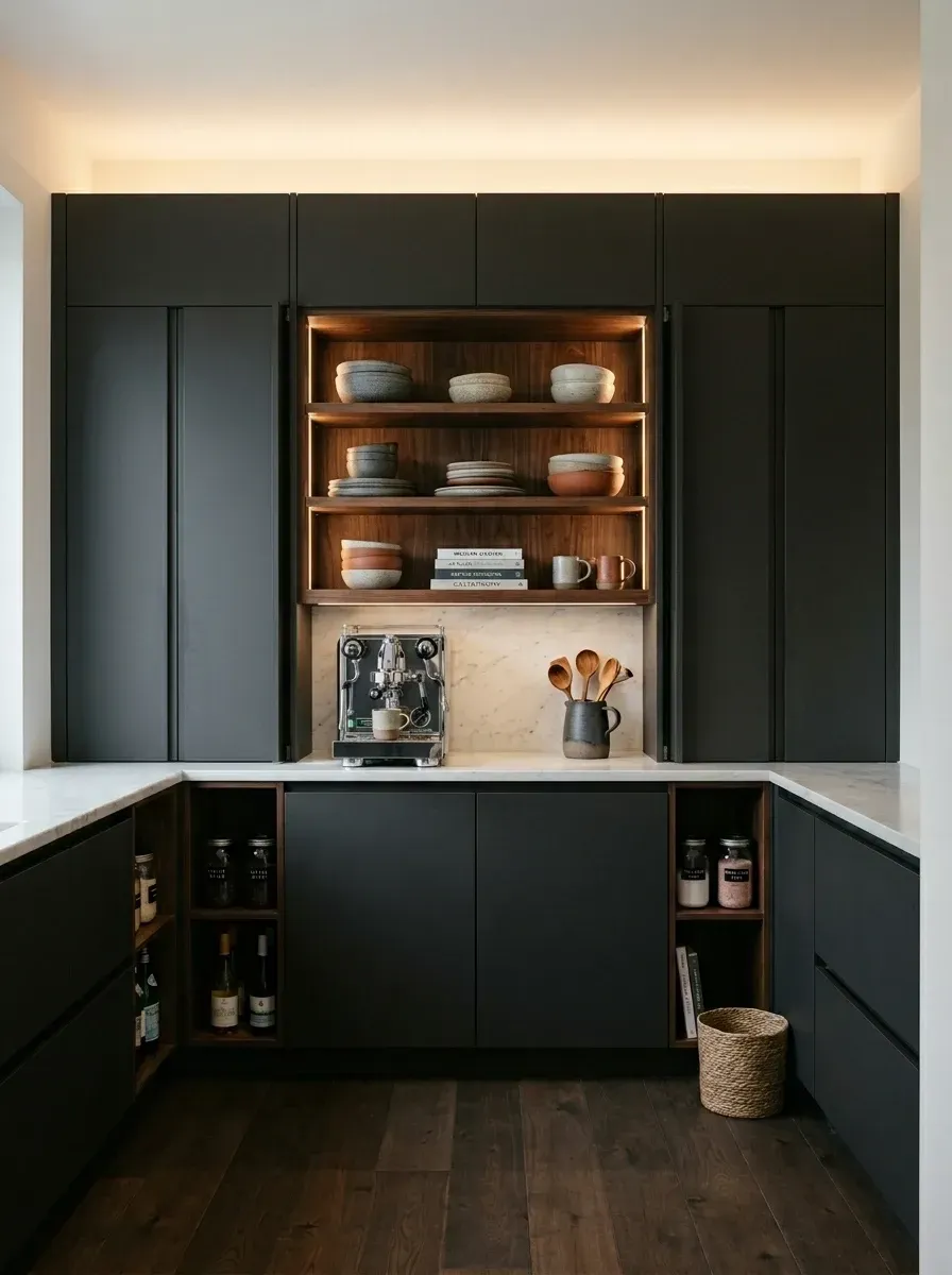 Integrated coffee bar pantry zone with matte black flat-panel cabinetry, three thick walnut floating shelves, recessed LED strip lighting, full-slab Carrara marble backsplash and counter, and a built-in commercial-grade espresso machine setup
