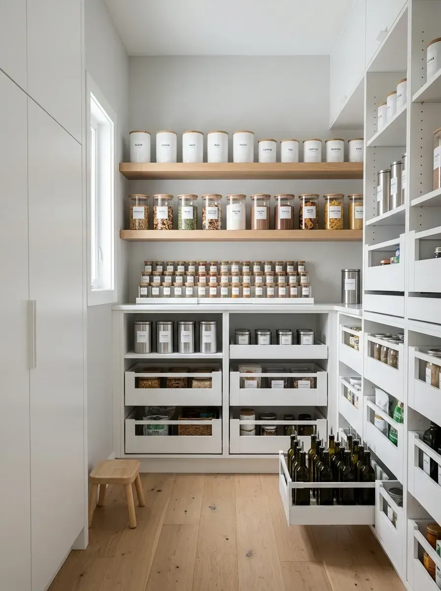 Scandinavian walk-in pantry with floor-to-ceiling white minimalist cabinetry, light white-oak open shelving, dozens of matched glass jars with wooden lids holding decanted dry goods, clear acrylic riser organizers for canned goods, and pale oak plank flooring