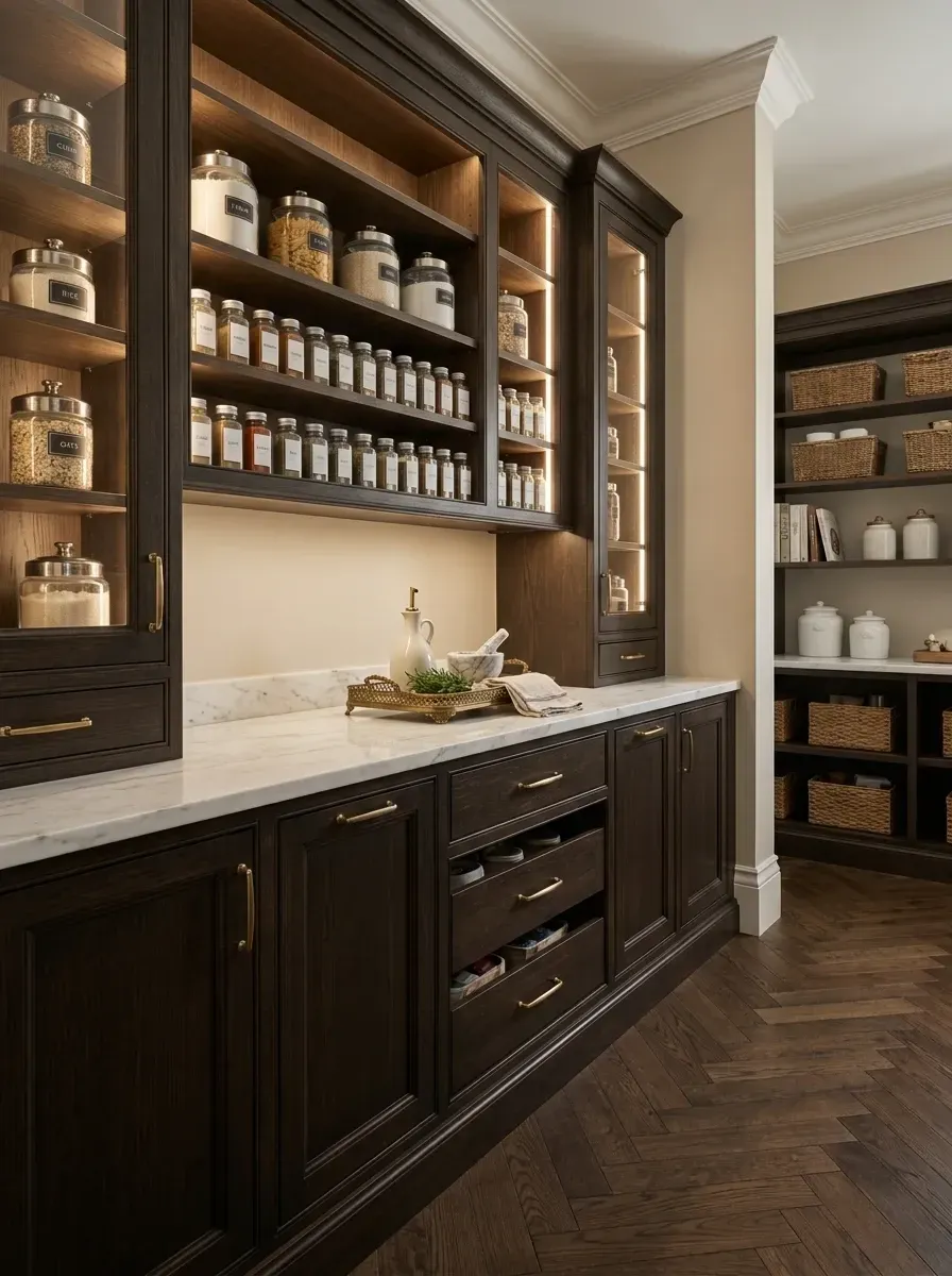 Traditional butler's pantry between kitchen and dining room with full-height dark espresso-stained wood cabinetry, glass-front upper cabinets with internal LED illumination, honed white marble countertops, brass cup pulls and knobs, and a herringbone medium-oak floor
