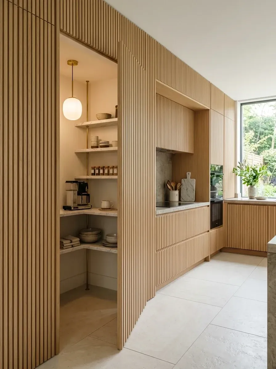 Hidden walk-in pantry with a floor-to-ceiling fluted light-ash wood paneled door that disappears into the kitchen wall, brass tension-pole shelving system inside, thin Carrara marble shelves, an integrated coffee machine, and a beige terrazzo-style large-format floor tile
