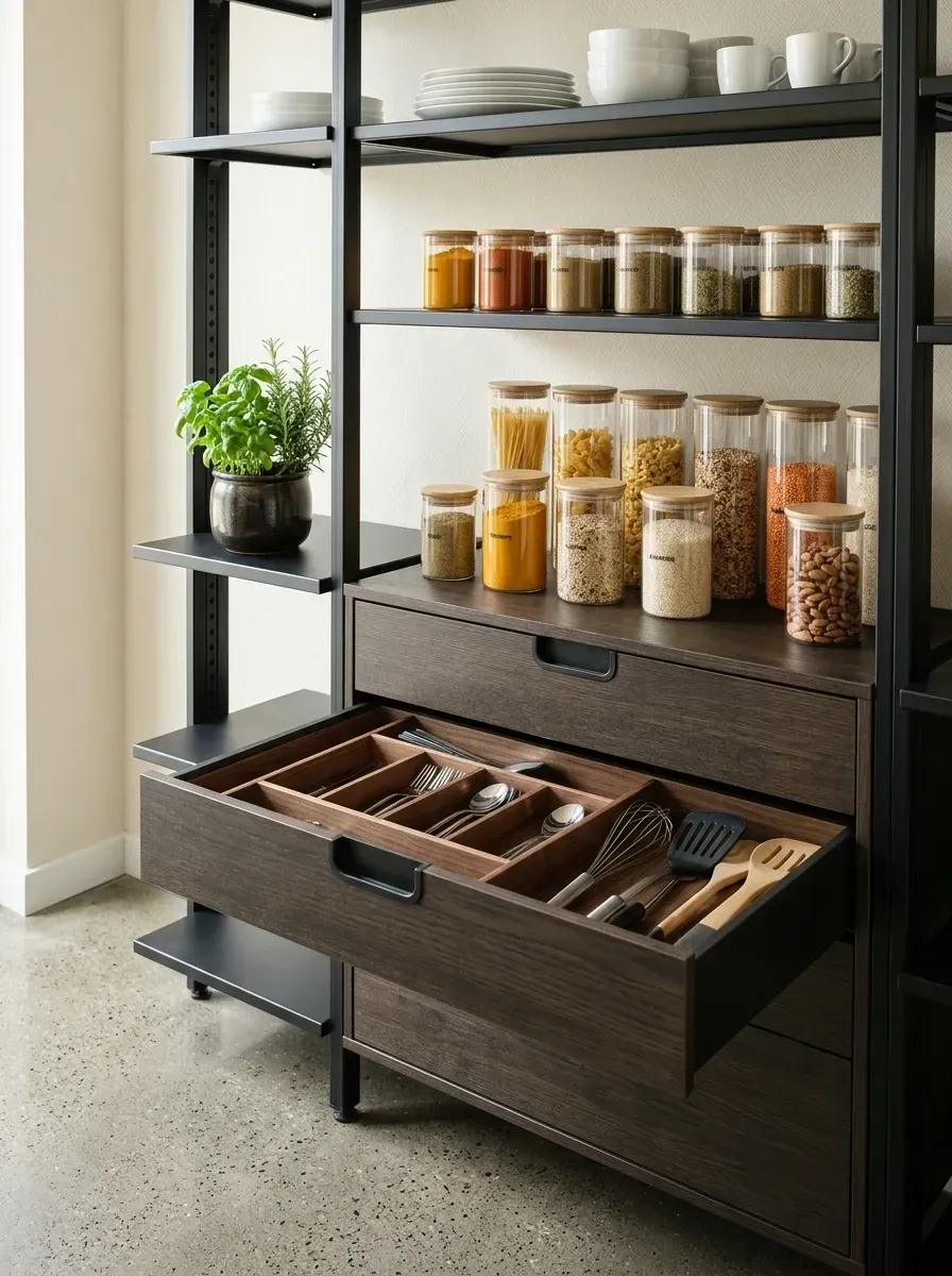 Open modular pantry on a black powder-coated steel frame with dark smoked-oak shelves and drawer fronts, custom wooden drawer dividers organizing utensils, uniform glass storage jars on the open shelves, polished concrete floor with aggregate, and small potted herbs as accents