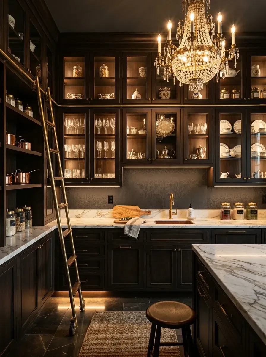 High-end library-style walk-in pantry with floor-to-ceiling deep bronze cabinetry, brass rolling library ladder on a brass rail, ornate crystal chandelier, copper undermount sink, unlacquered brass faucet, and Calacatta Gold marble countertops and backsplash