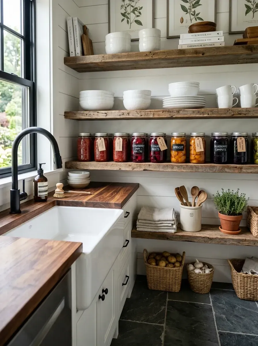 Rustic farmhouse working pantry with thick rough-hewn reclaimed barnwood shelves on hidden iron brackets, white shiplap painted wall paneling, oiled walnut butcher-block countertop, large white fireclay apron-front sink, slate floor tile, and exposed jar storage of canned preserves