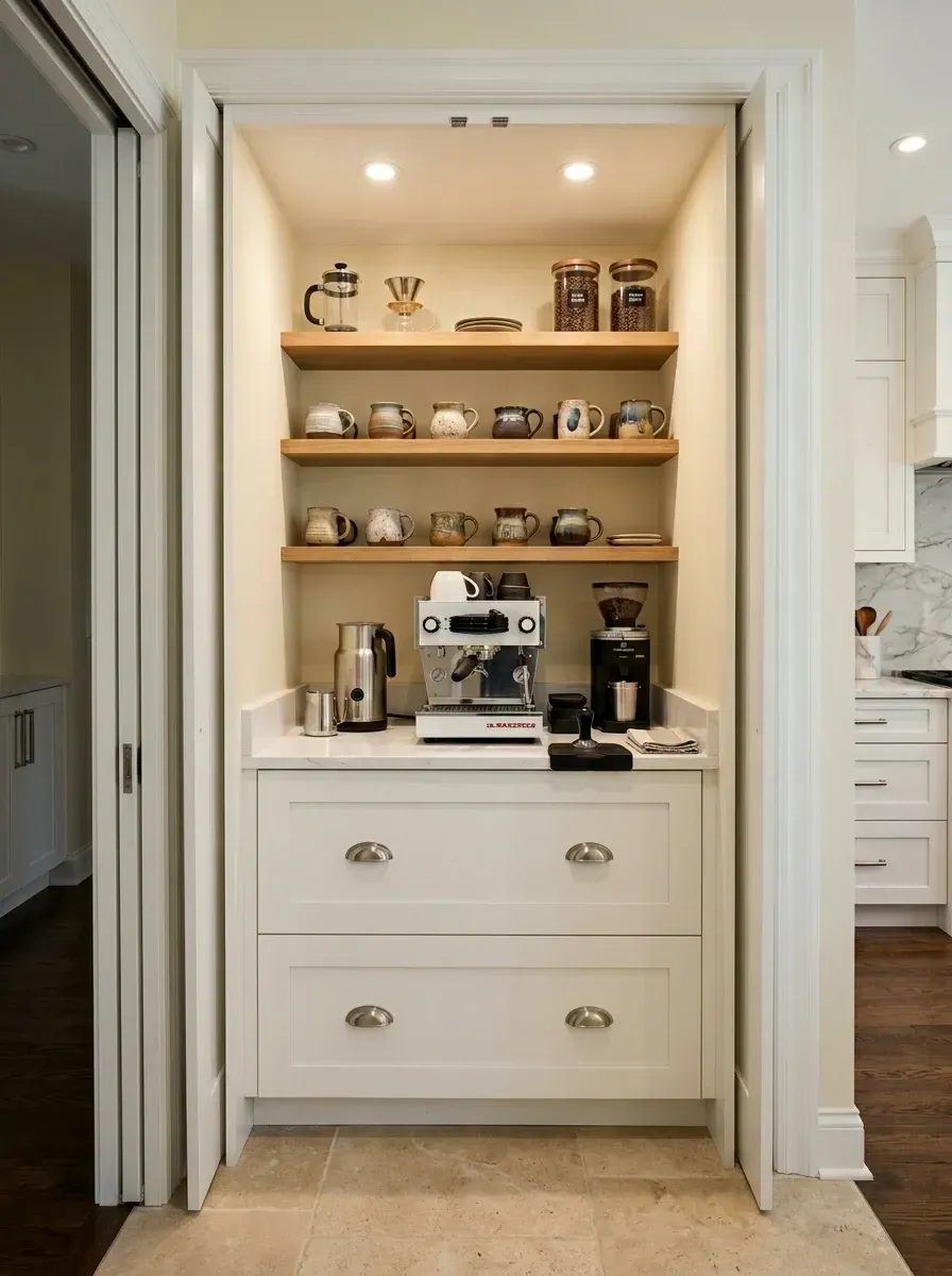 Standard reach-in hallway closet converted into a coffee-bar pantry with white shaker-style base cabinets, white quartz countertop, three light natural-oak floating shelves, recessed puck ceiling lights, brass cup pulls, and bi-fold doors
