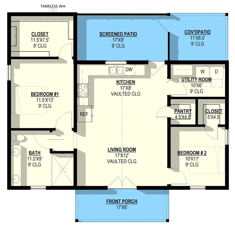 Main level floor plan for Plan 405154FDC — small-footprint two-story barndominium showing 17-by-12 vaulted living room at center, 17-by-8 galley kitchen with walk-in pantry continuous with the great room, 17-by-9 screened patio and 11-by-8 covered patio in series at the rear, 11.5-by-13 master bedroom in the northwest corner with 11.5-by-7.5 walk-in closet, 10-by-11 secondary bedroom in the southeast corner, 11.5-by-9 main-level bathroom, 10-by-6 utility room with laundry, and 4.5-by-4.5 walk-in pantry