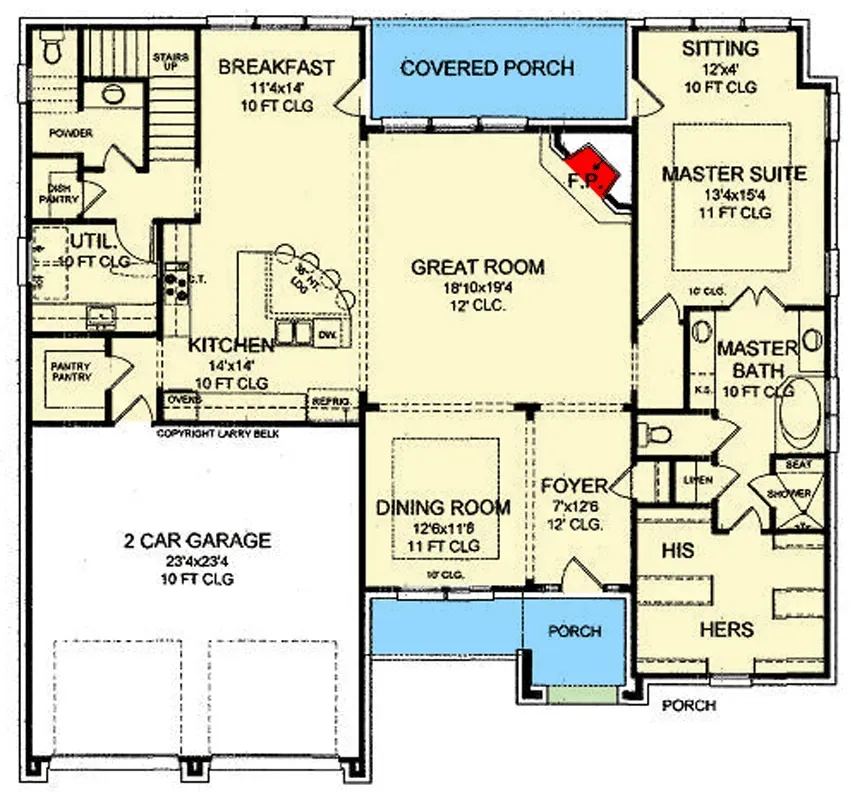 Main level floor plan of plan 54062LK showing the central great room, island kitchen, breakfast nook, formal dining, and a first-floor master suite with sitting area and dual walk-in closets