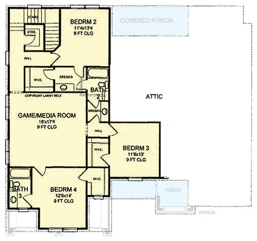 Upper level floor plan of plan 54062LK showing a central game and media room, three bedrooms each with walk-in closets, a private bath on bedroom 2, and a Jack-and-Jill bath shared by bedrooms 3 and 4
