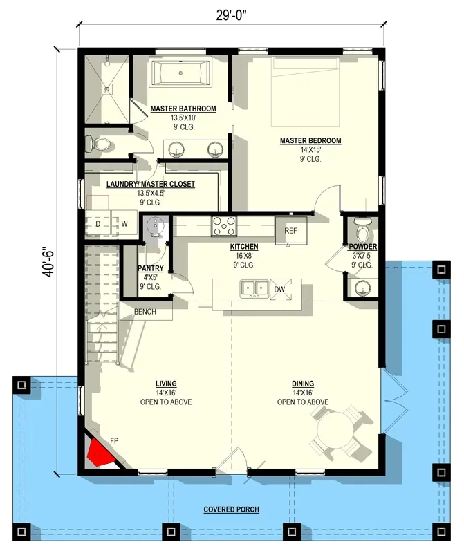 Main level floor plan of Architectural Designs barndominium plan 405153FDC showing two-story great room open to above, combined dining area, kitchen with walk-in pantry and built-in bench, main-level master suite with bath connecting through walk-in closet to the laundry room, powder room near entry, and 452 square foot wraparound porch on a 29 by 40-foot-6 footprint