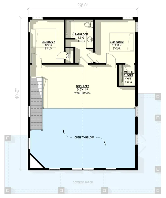 Upper level floor plan of barndominium plan 405153FDC showing two secondary bedrooms front of the footprint, shared full hall bathroom, and open loft over the rear half with vaulted ceiling overlooking the two-story great room below