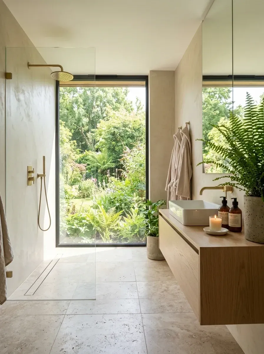 Organic minimalist wet room with creamy microcement walls, large-format travertine floor tiles, a floor-to-ceiling picture window framing a lush garden, an oak floating vanity with vessel sink, brushed brass fixtures and an open shower area with a fixed glass partition and linear drain