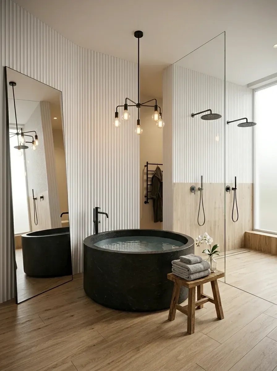 Modern industrial wet room with white fluted wall panels, wood-effect porcelain floor and accent wall, a dramatic round black stone soaking tub, black industrial fixtures, a Sputnik-style chandelier, a large leaning floor mirror and a simple glass shower screen