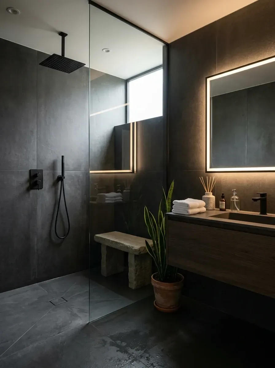 Ultra-modern moody wet room with floor-to-ceiling dark grey porcelain tiles on walls and floor, a backlit LED mirror, a dark wood floating vanity with concrete vessel sink, matte black fixtures, a ceiling-mounted rainfall shower head and a built-in stone shower bench