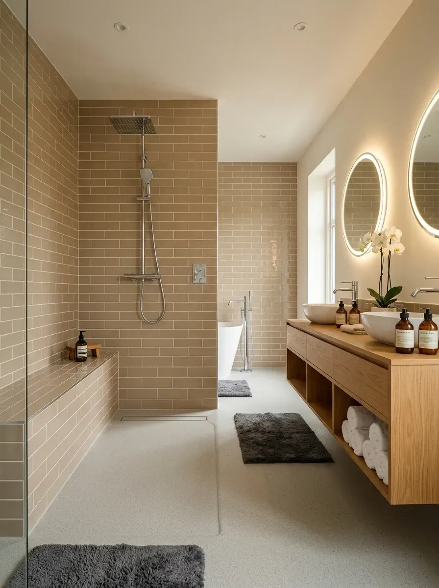 Light and airy wet room with vertical stacked beige subway tiles on walls and a built-in bench, terrazzo floor tiles, a long oak floating vanity with open shelves, double vessel sinks, large round backlit mirrors and a freestanding bathtub in the corner