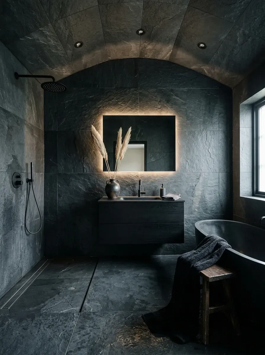 Dramatic wet room featuring dark slate tiles enveloping floors, walls and a vaulted ceiling, a dark wood floating vanity, a black freestanding tub with black floor-mount filler, warm LED strip lighting behind the mirror and along the ceiling and minimalist black wall-mount shower fixtures
