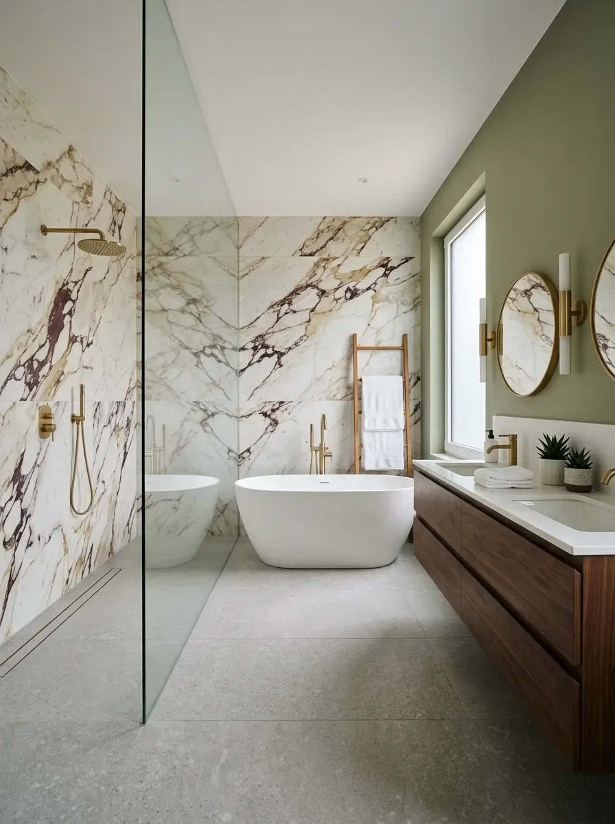 Opulent wet room featuring Calcutta Viola marble-look porcelain wall tiles with purple and gold veining, large neutral grey floor tiles, a sage green painted accent wall, a long walnut floating vanity with double undermount sinks and brushed brass rainfall showerheads and round mirrors