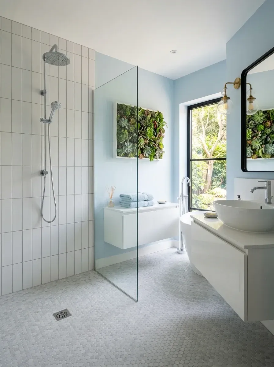 Cheerful wet room with classic white square wall tiles, light sky-blue painted walls, grey penny round floor tiles, a vibrant living succulent plant wall art piece, a white floating vanity, a freestanding bathtub and a large industrial-style window overlooking a garden