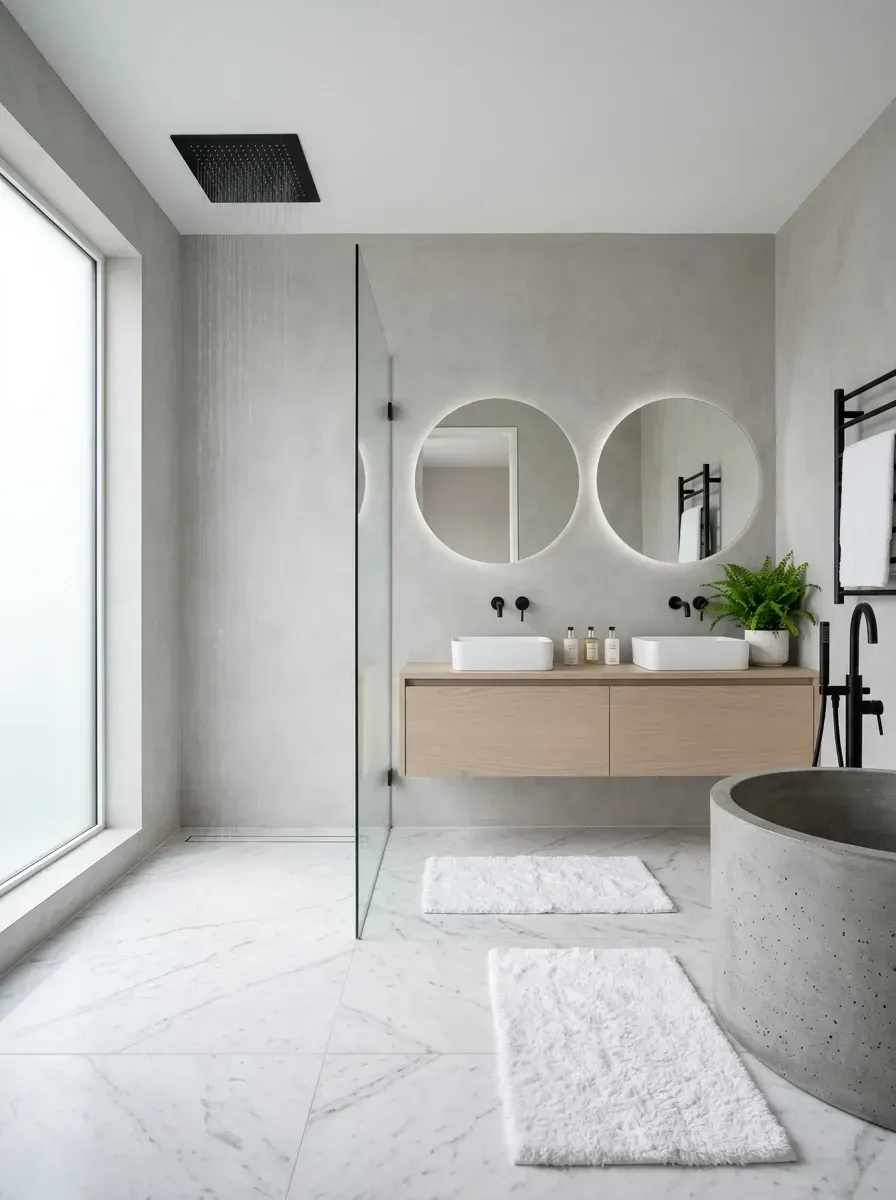 Minimalist luxury wet room with smooth cool grey microcement walls, elegant white marble-look porcelain floor tiles, a light wood floating vanity with two sleek white vessel sinks, a round concrete freestanding bathtub, matte black ceiling-mounted shower head and striking backlit round mirrors