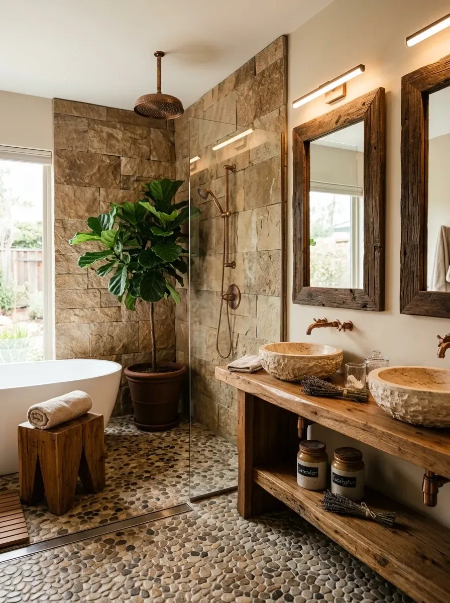 Rustic spa-style wet room with a textured stacked stone veneer feature wall, a river pebble mosaic floor, a custom reclaimed wood vanity console topped with unique stone vessel sinks, copper rainfall shower and wall-mount faucets, a freestanding white bathtub and a large fiddle-leaf fig plant