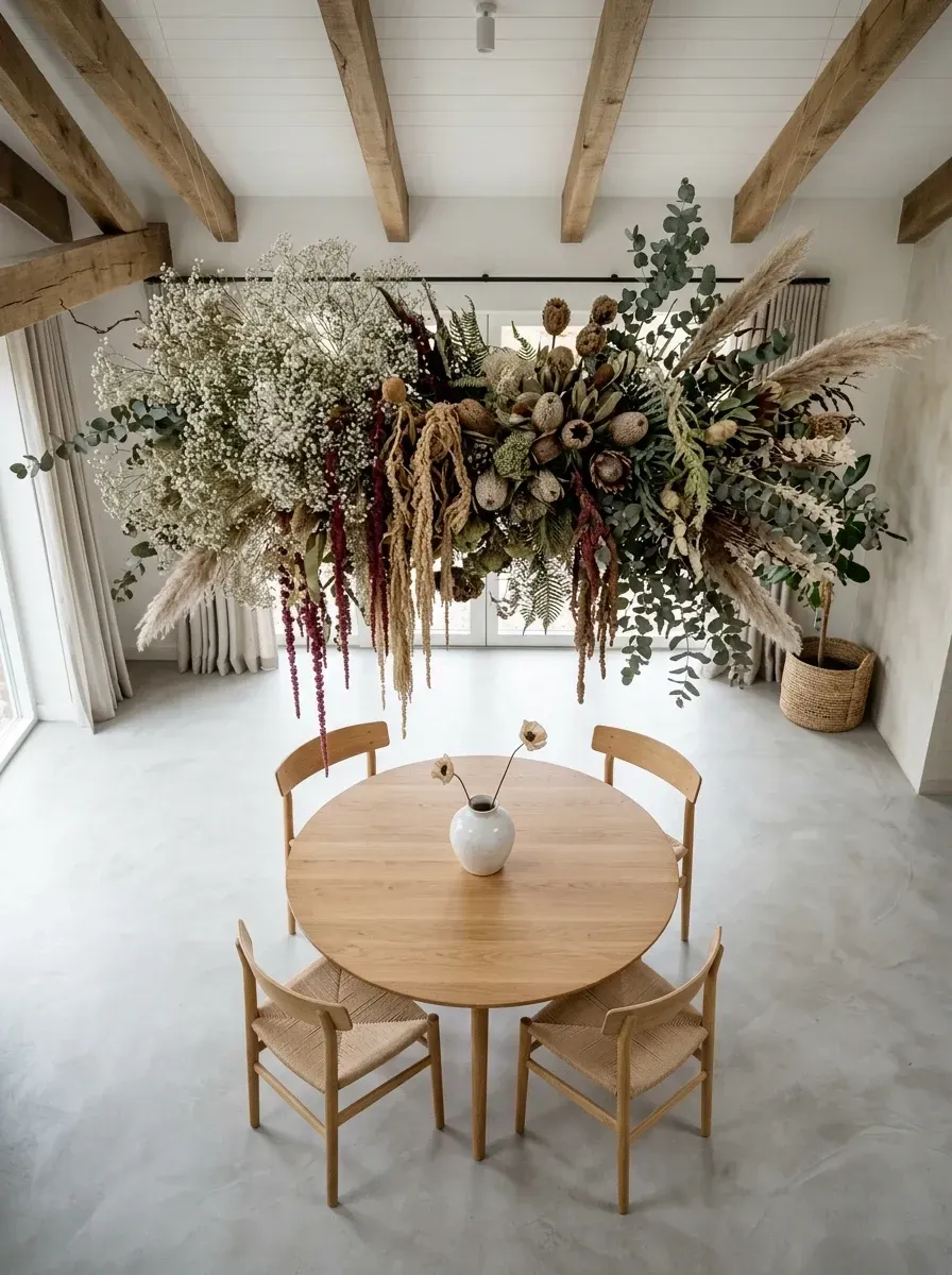 Scandi-minimalist wedding dining vignette with a round light-oak pedestal table, four Hans Wegner-style wishbone chairs with woven paper-cord seats, a massive suspended dried floral cloud installation of baby's breath, pampas grass, ferns, and king protea floating above, polished concrete floors, soft off-white plaster walls, and exposed faux wood ceiling beams