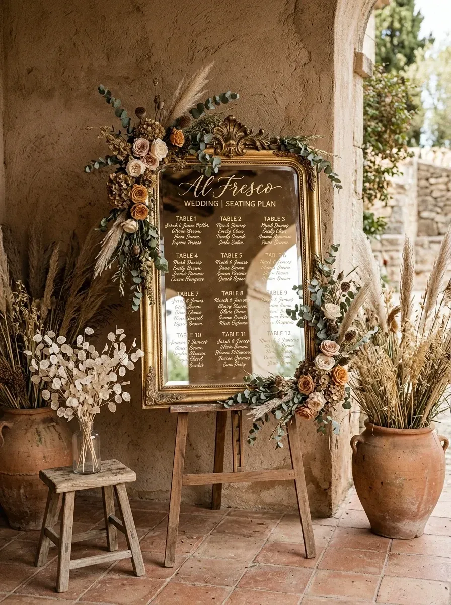 Romantic bohemian wedding seating chart with a large ornate antique gold-frame mirror inscribed in flowing calligraphy resting on a rustic wooden artist's easel, asymmetrical swags of dried roses eucalyptus and pampas grass on the mirror's upper corner, two flanking large terracotta urns overflowing with pampas and dried palm leaves, all staged against a textured warm sandy-beige stucco wall