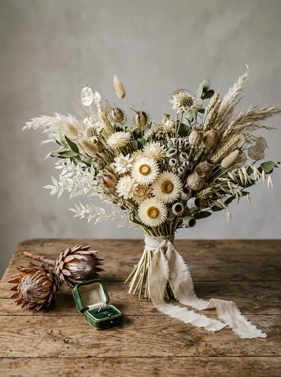 Wedding detail flatlay capturing a textural dried-flower bridal bouquet of strawflowers king protea bunny tails and dried grasses bound with raw silk ribbon resting on a weathered driftwood-grey rustic plank surface alongside two loose dried protea blooms and an emerald-green velvet ring box holding a delicate gold band against a muted concrete-grey textured wall background