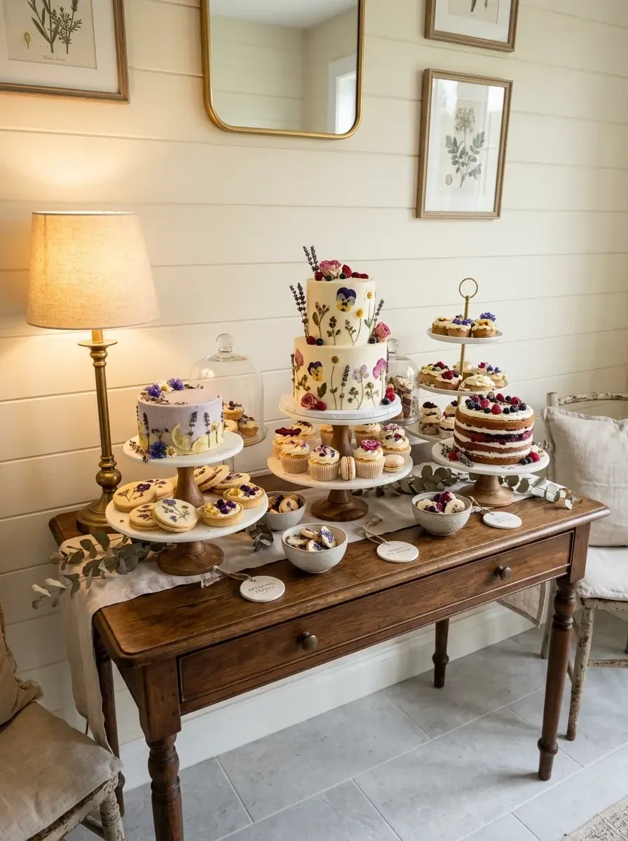 Cozy farmhouse cottage wedding dessert station with a vintage dark walnut console table set against a white shiplap-paneled wall laden with tiered cake stands holding cakes cupcakes and tarts decorated with edible pressed pansies and fresh nasturtiums beside a brass table lamp and three framed antique botanical prints with a natural linen runner softening the table edge