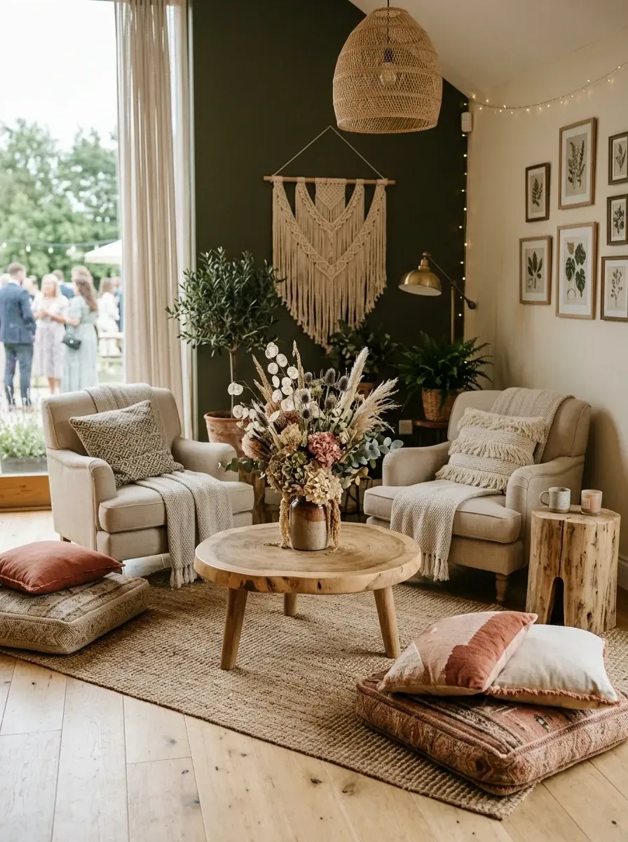 Boho wedding lounge with two oatmeal-beige linen lounge armchairs paired against a deep forest green textured accent wall hung with a large hand-knotted macrame wall hanging a round natural wood-slice coffee table holding a dried pampas and palm arrangement a chunky jute area rug three woven floor cushions a low live-edge tree-stump side table and warm white string lights overhead