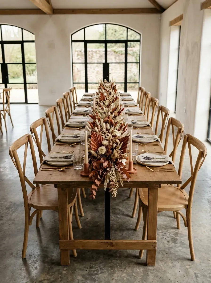 Long communal Hudson Valley wedding feasting table in a converted barn with a rustic medium-stained wood farm table lined with twelve wooden cross-back ladder dining chairs a continuous full-length dried botanical table runner of palm leaves bunny tails preserved grasses and small dried strawflowers in warm autumnal terracotta and gold tones flanked by short terracotta candle holders with taper candles stoneware plate settings linen napkins and tall arched black-metal-frame windows beyond