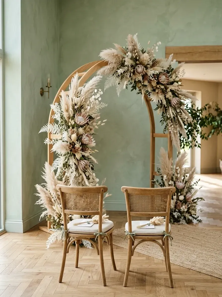 Contemporary indoor wedding ceremony altar with a rounded blonde light ash wood circular arch decorated with a deliberately asymmetrical lush installation of dried pampas grass king protea bleached palm fronds and mixed cream foliage clustered at the upper-left corner two natural cane-back dining chairs set on a long jute runner against a soft sage green textured plaster wall and a warm oak herringbone wood floor